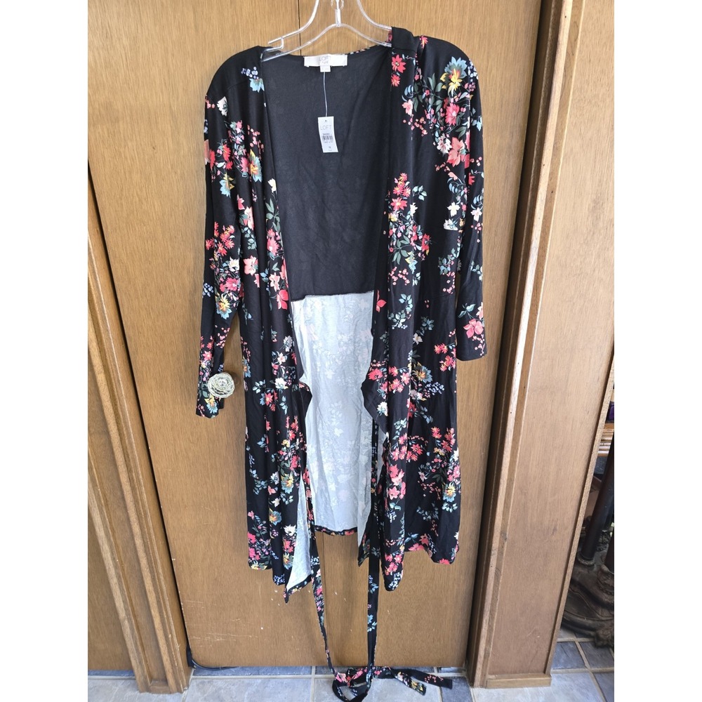 Loft‎ Open Front Ribbed Cardigan Size 18 Flower  Hip Length Stretch